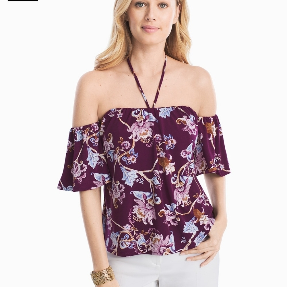 WHBM Floral Off-Shoulder Top Removable Halter Strap Boned Tassel Peasant